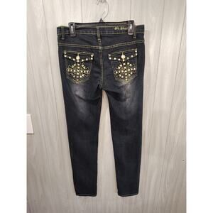 Women's Juniors Old Skool Embellished Embroidered Straight Leg Jeans Size 9 Dark